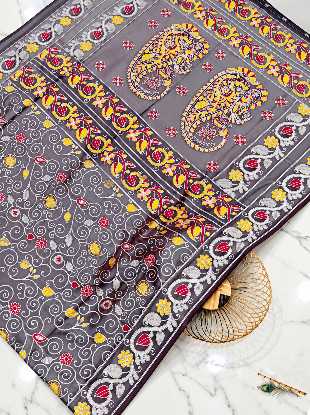 Premium Katan Silk Saree with All-Over Handwork, Traditional Stitch Detailing & Paisley Floral Motifs – Grey