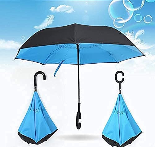 Folding Umbrella with C-Shaped Handle | Inverted Double Layer Windproof Umbrella | Self Standing Drip-Free Design | Waterproof Travel Umbrella for Men & Women {Random color} - 20769