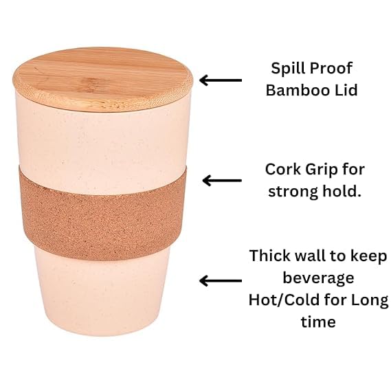 Eco-Friendly Mug, Spill-Proof, Made of Wheat Fiber with Bamboo Lid for Coffee, Tea, Shakes and Cold Drinks (450 ML) - 20868