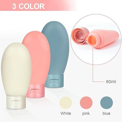 (3 PCS) Travel Bottle Set 60ml Empty Silicone Plastic Shampoo Shower Gel Lotion Refillable Liquid Container Squeeze Cosmetic Portable Tube Small Size Leakproof for Travelling - 20739
