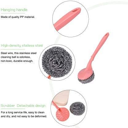 Stainless Steel Scrubbers with Handle - 1 Handles + 3 Scrubber - Cleaning Ball Utensil Metal Scrubber Scouring Pads Ball for Pot, Pan, Dish Wash, Cleaning Rust, Dirty Cleaner {Muticolor} - 20973
