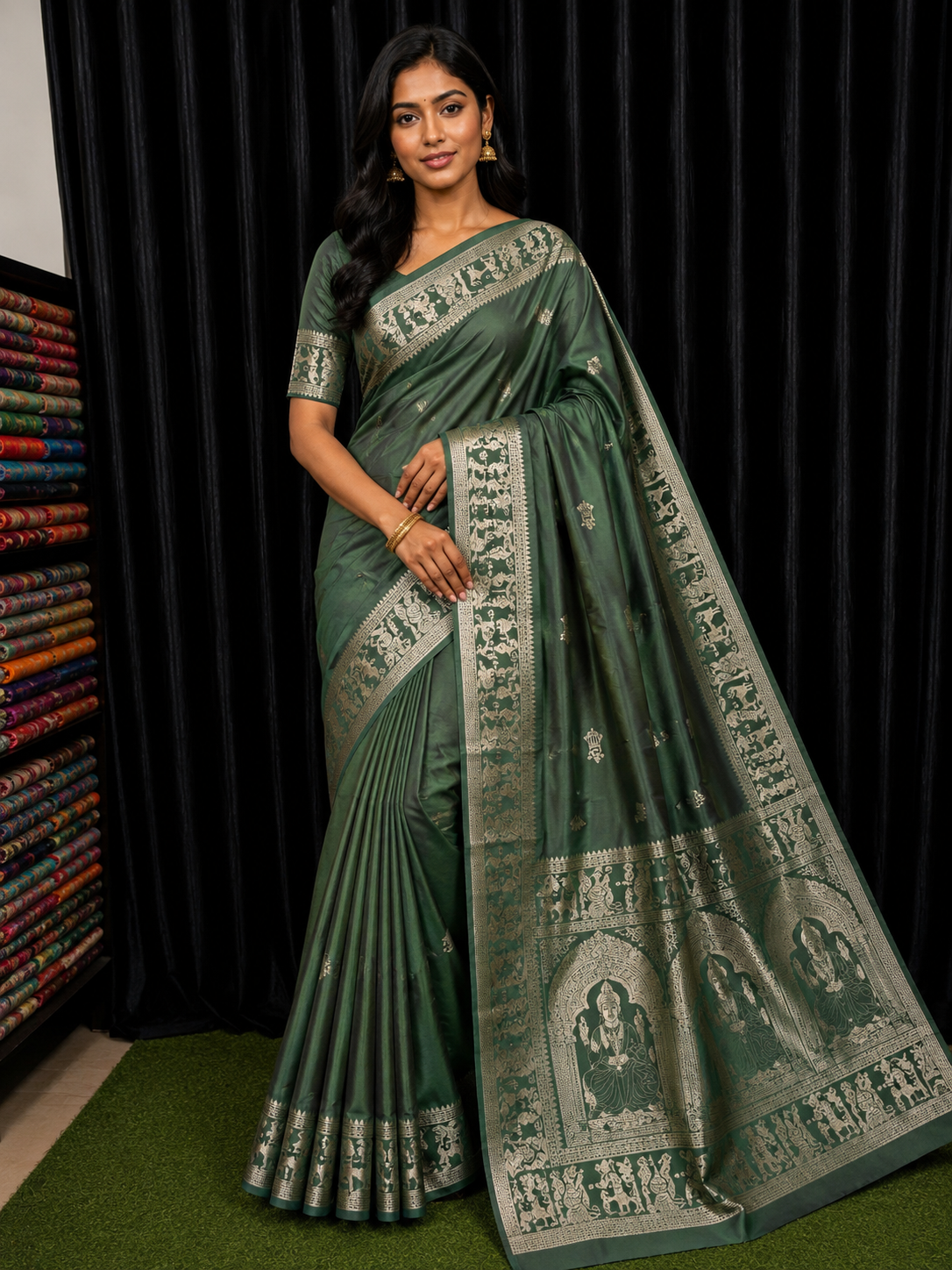 Olive Reverie – Handcrafted Bishnupuri Silk Saree with Golden Accents