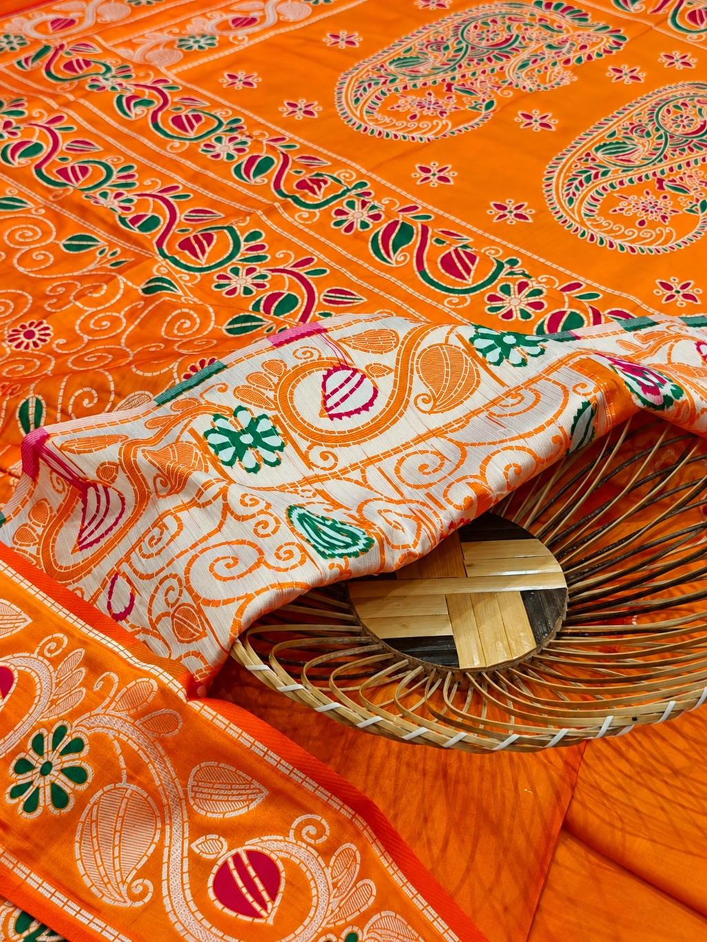 Premium Katan Silk Saree with Traditional Handwork & Multicolor Paisley Motifs – Orange