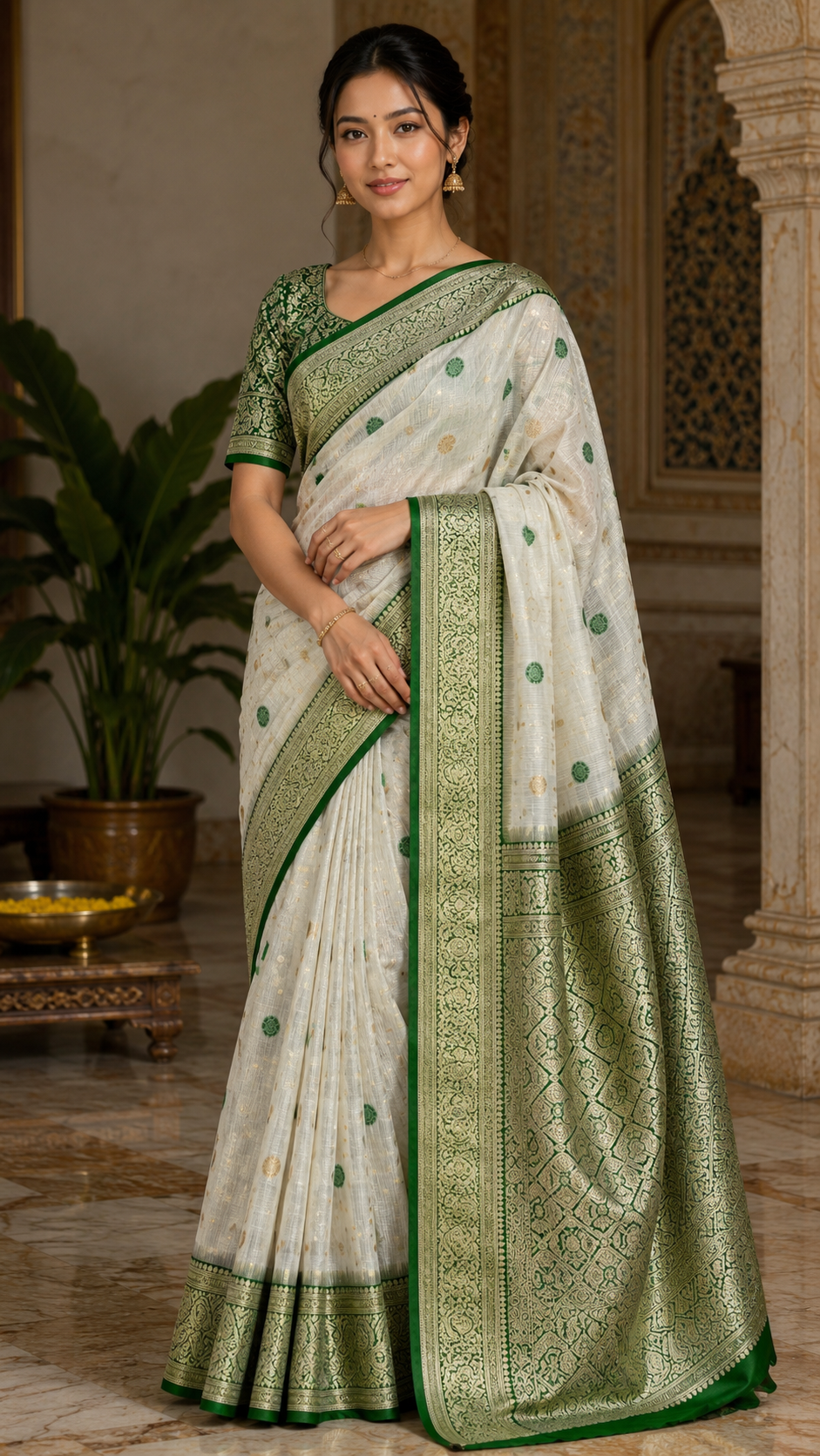 Ivory Handwoven Mahabalipuram Silk Saree with Emerald Green Antique Gold Zari Border