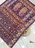 Premium Katan Silk Saree with All-Over Traditional Handwork, Paisley & Floral Stitch Design – Wine