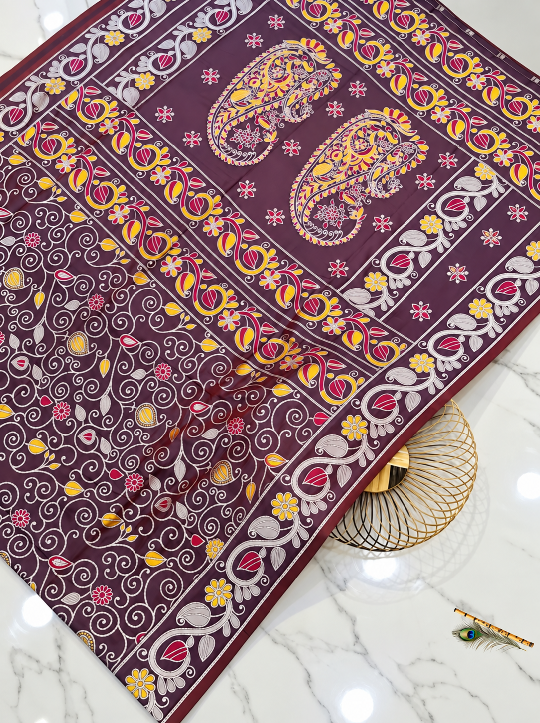 Premium Katan Silk Saree with All-Over Traditional Handwork, Paisley & Floral Stitch Design – Wine