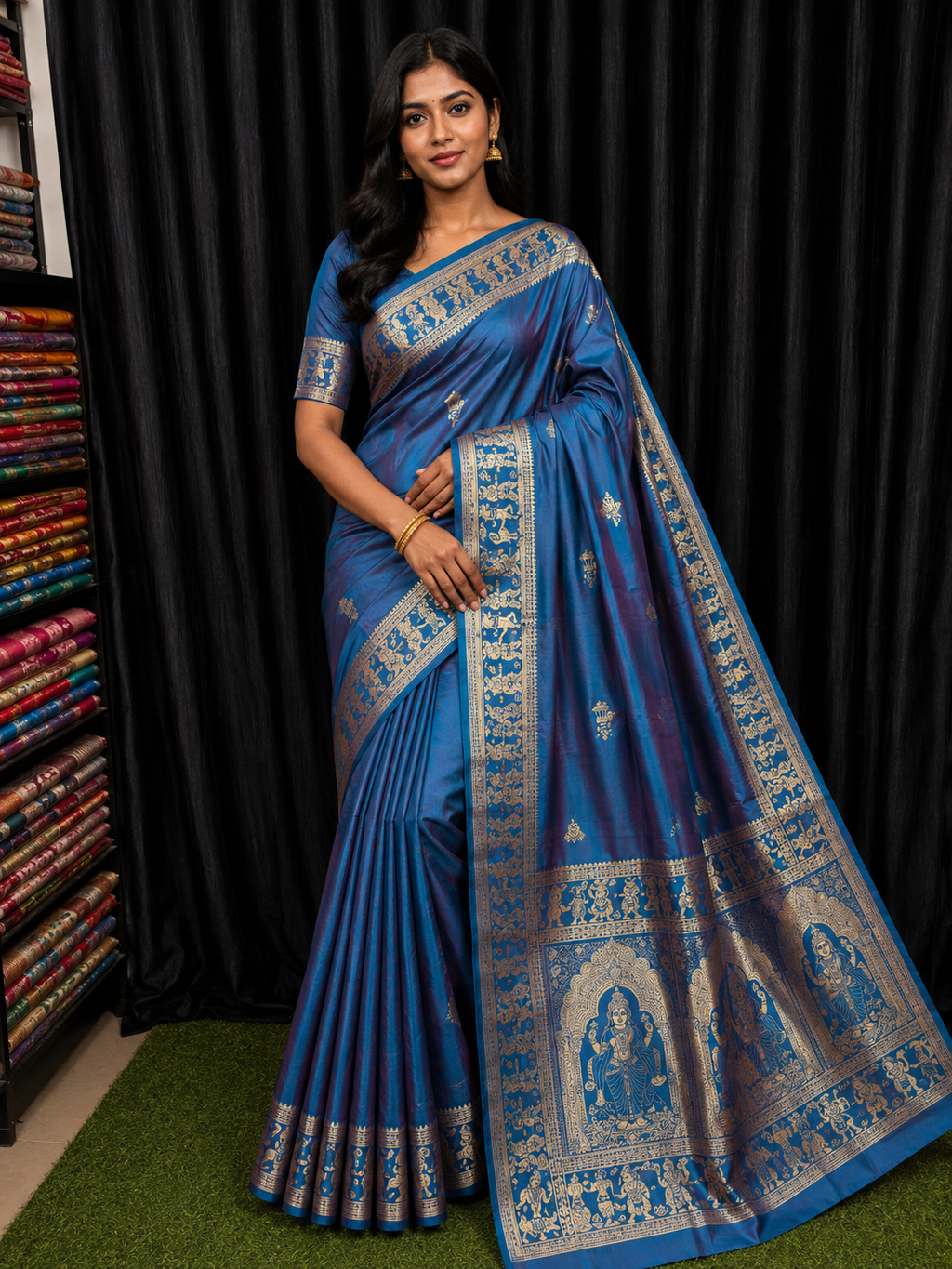 Indigo Aura – Handcrafted Bishnupuri Silk Saree with Golden Detailing