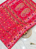Premium Katan Silk Saree with All-Over Handwork, Traditional Stitch Details & Paisley Floral Design – Rani Pink