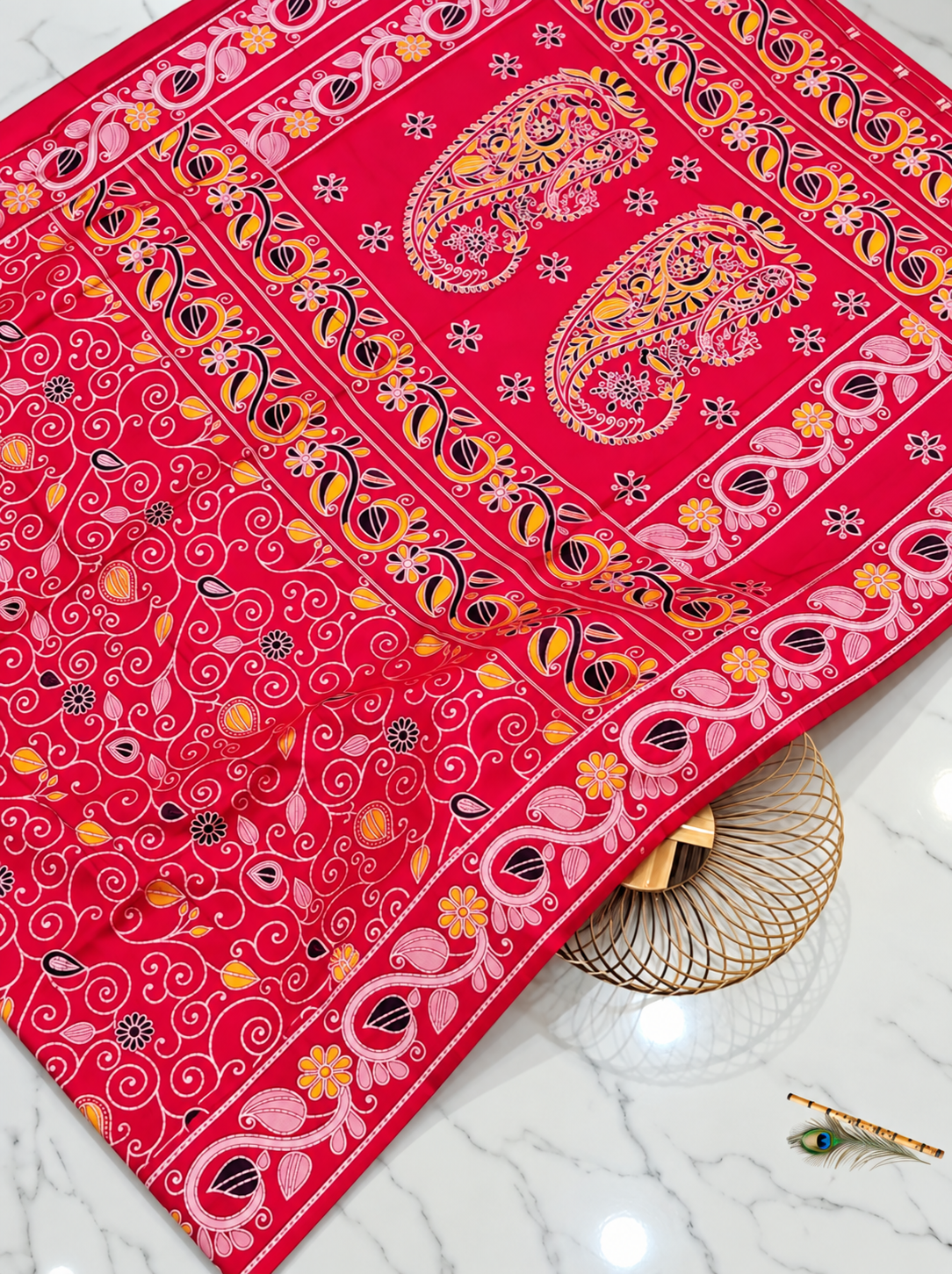 Premium Katan Silk Saree with All-Over Handwork, Traditional Stitch Details & Paisley Floral Design – Rani Pink