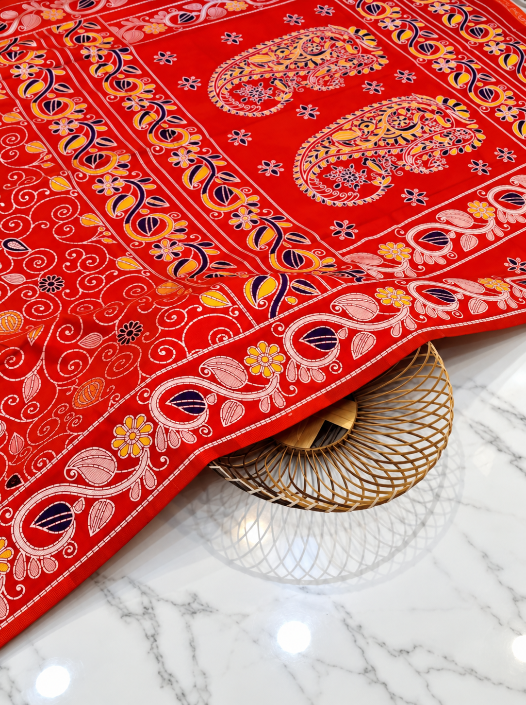 Premium Katan Silk Saree with All-Over Traditional Handwork, Paisley & Floral Motifs – Bright Red