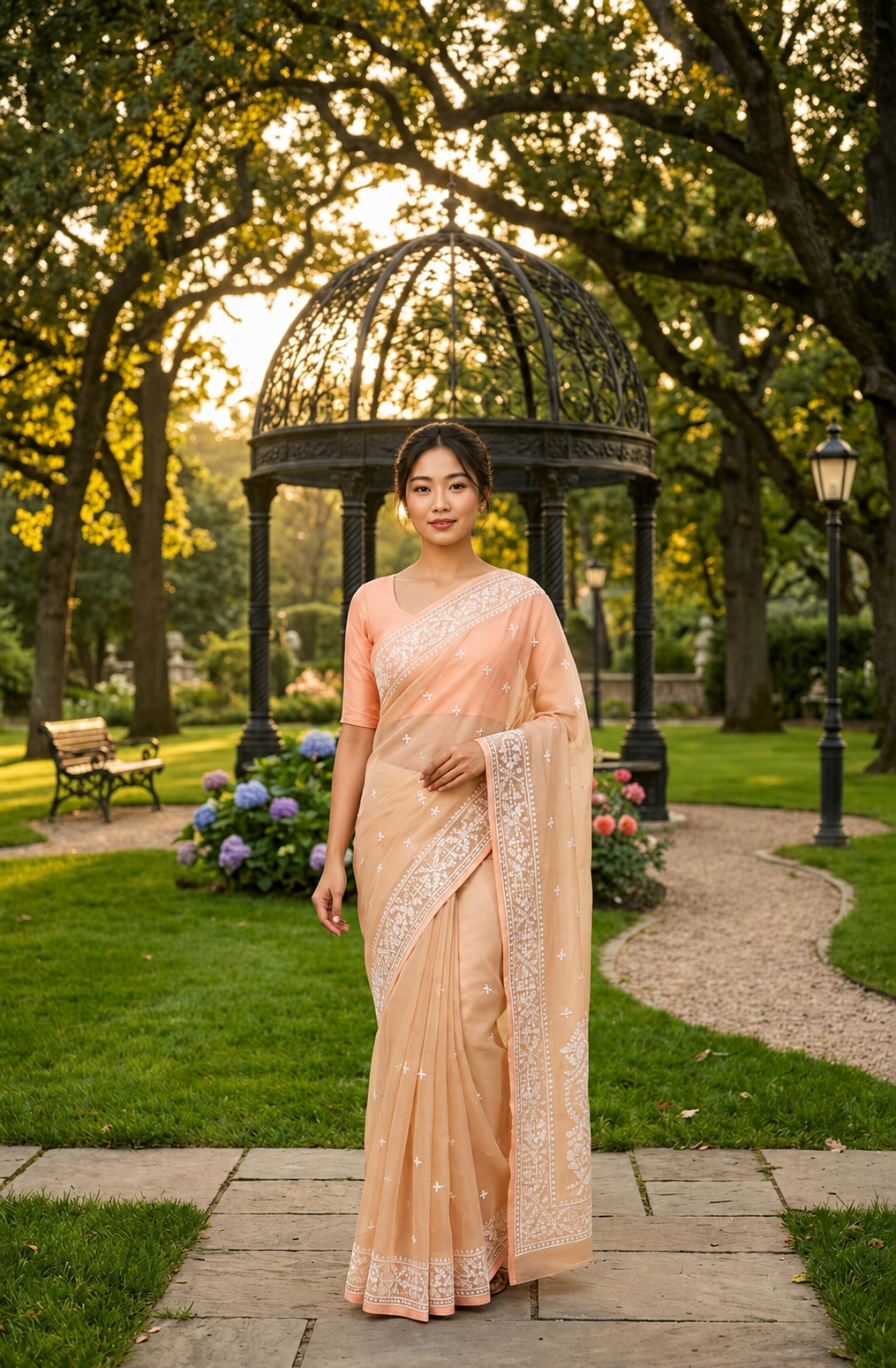 Peach Pure Organza Muslin All-over Handworked Saree with Blouse Piece