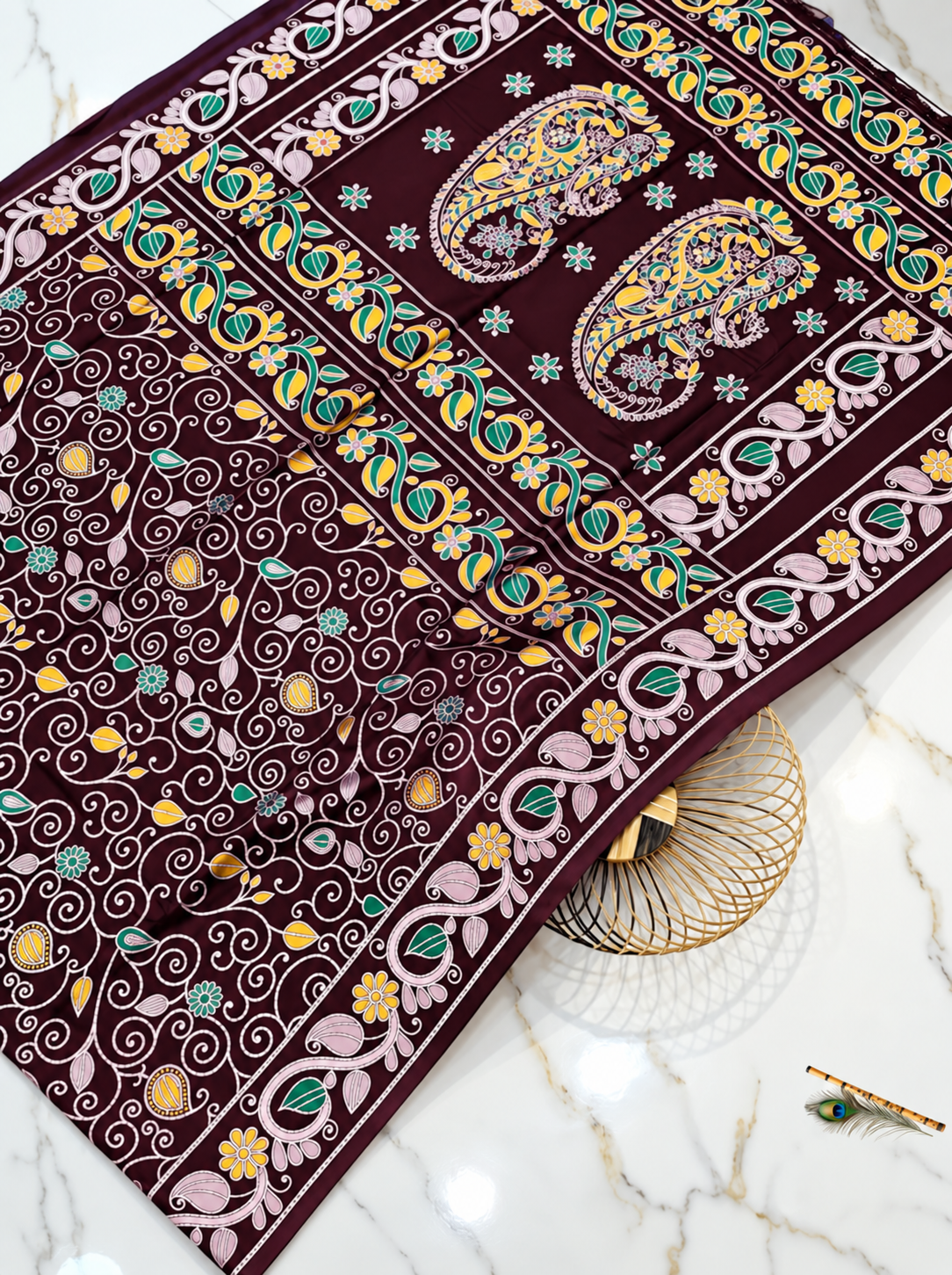 Premium Katan Silk Saree with All-Over Traditional Handwork, Kantha Stitch & Paisley Floral Motifs – Wine