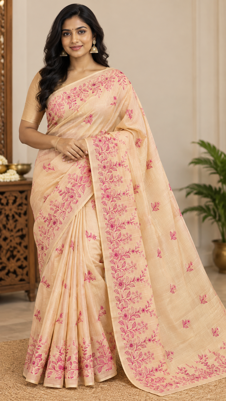 Premium Beige Matka Slub Silk Saree with Maroon Floral Handwork & Intricate Designer Border