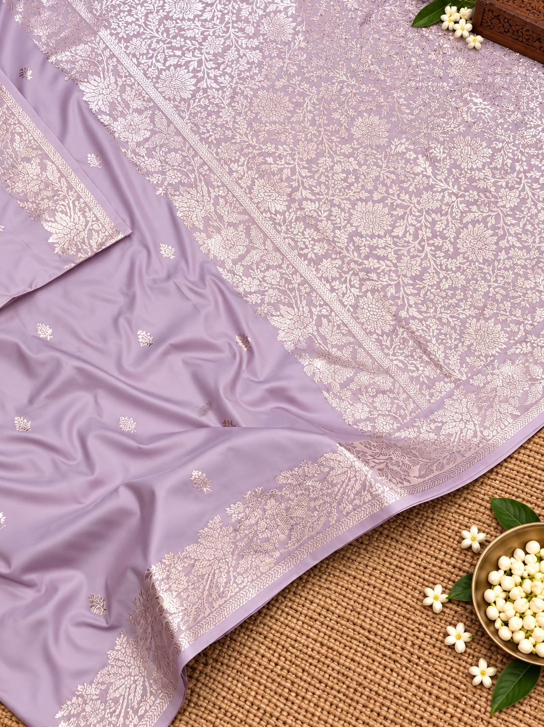 Premium Lavender Muga Banarasi Saree with All-Over Floral Handwork & Intricate Woven Pallu