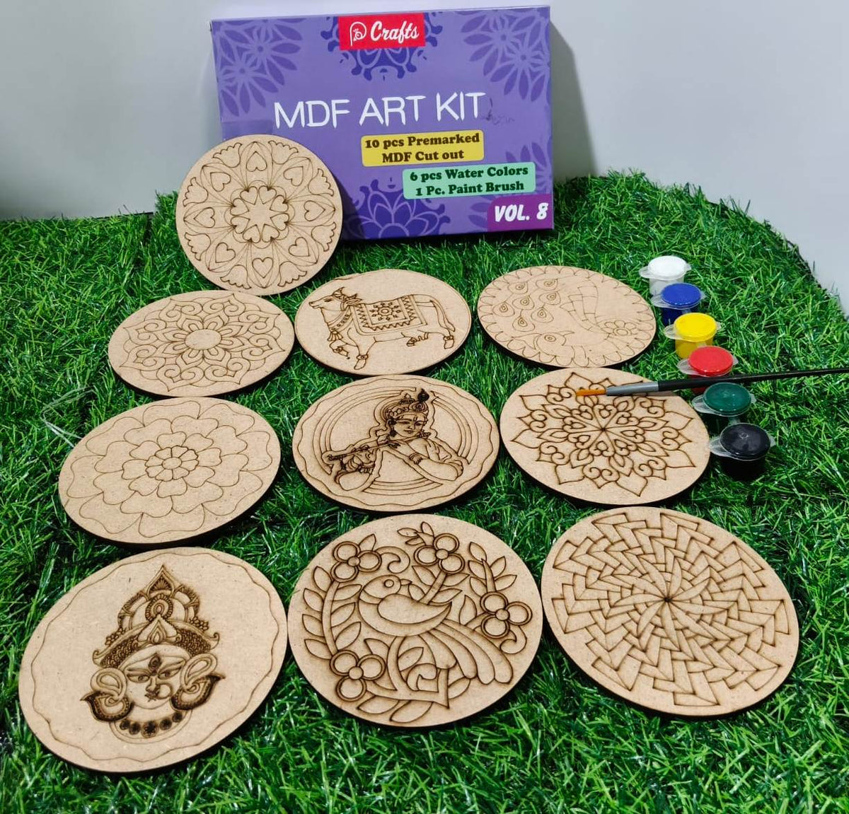 (10 PCS) DIY MDF Art Kit with 10 Pre-Marked Round Coasters, 6 Water Colors & Paint Brush | Wooden Painting Craft Kit for Kids & Adults - 20967