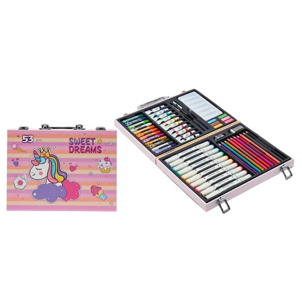 Sweet Dreams Art Set, 53 Pieces, Unicorn Theme, Includes Palette, Powder, Brush, Watercolor Paint, Oil Painting Stick, Eraser, Pencil Sharpener, Color Lead - 10755