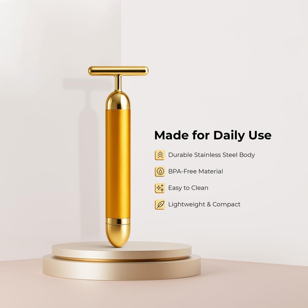 24K Gold Energy Beauty Bar Electric Facial Massager Vibration Face Roller Skin Tightening Anti Aging Tool, Wrinkle Remover for Face Neck Jawline - 20623