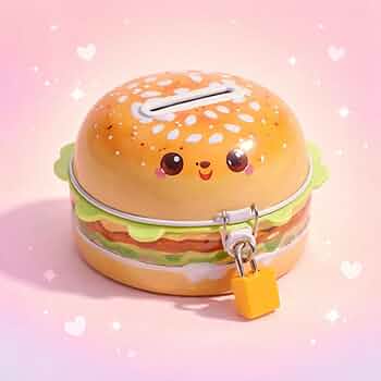 Cute Burger Shape Coin Box with Lock & Key | Cartoon Burger Piggy Bank for Kids | Metal Money Saving Box for Boys & Girls - 20364