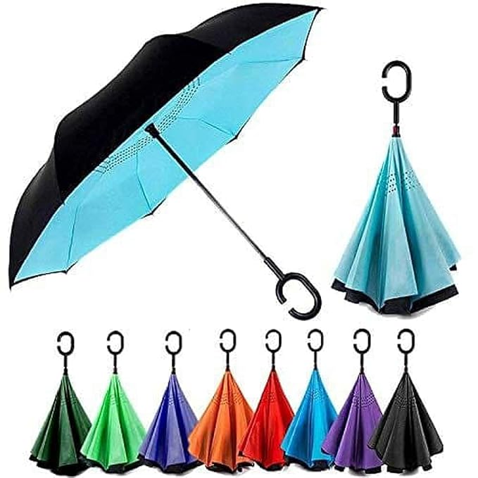 Folding Umbrella with C-Shaped Handle | Inverted Double Layer Windproof Umbrella | Self Standing Drip-Free Design | Waterproof Travel Umbrella for Men & Women {Random color} - 20769