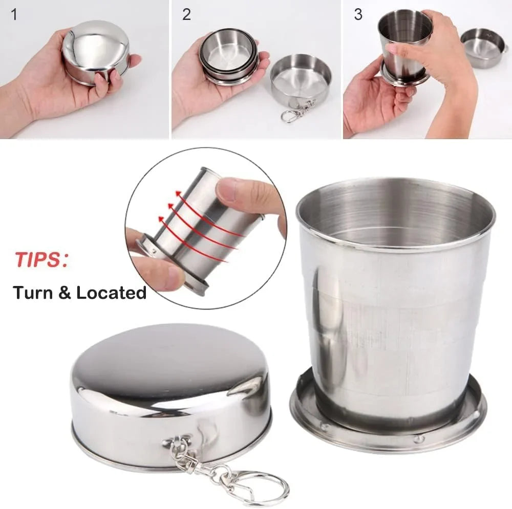 Stainless Steel Telescopic Collapsible Foldable Water Cup, Folding Portable Camping Travel Mug with Lid and Keychain for Outdoor Drinking - 10823
