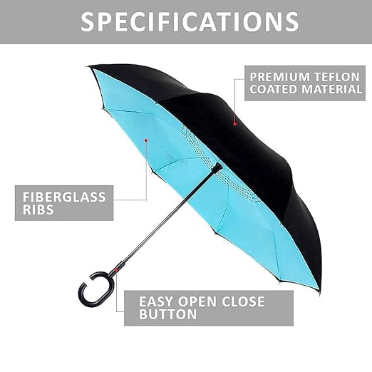 Folding Umbrella with C-Shaped Handle | Inverted Double Layer Windproof Umbrella | Self Standing Drip-Free Design | Waterproof Travel Umbrella for Men & Women {Random color} - 20769