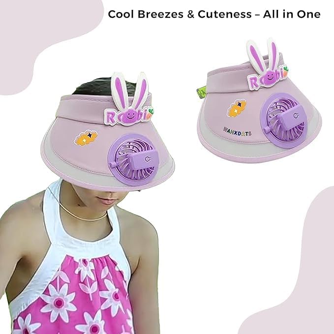 USB Rechargeable Cute Cartoon Styled Sun Visors Cap with 3 Gear Adjustable Wind Speed Fan UV Sun Protection Sunshade Hat Mini Empty Top Random Colur Multicolour - 21336