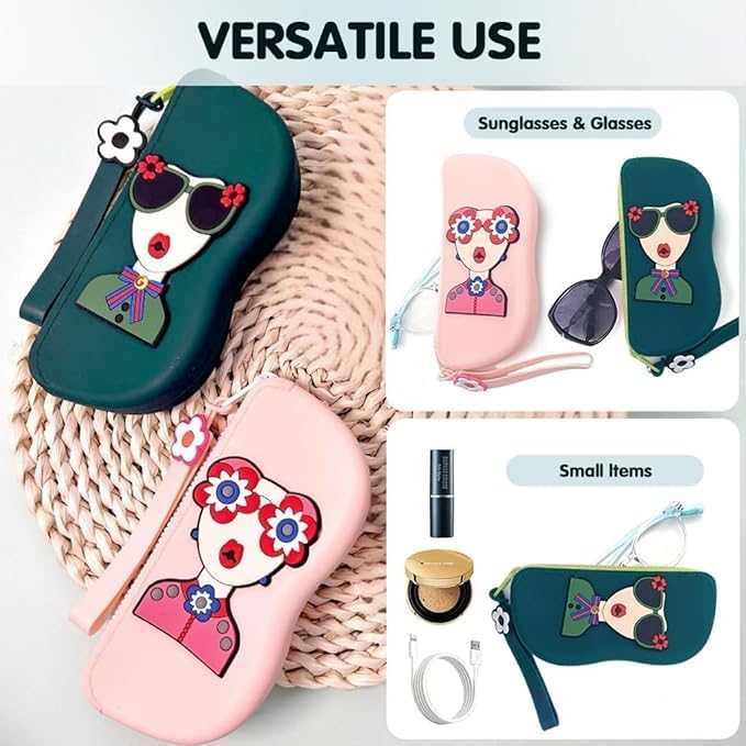 Cute Silicone Sunglass Case with Zipper & Wrist Strap, Soft Protective Glasses Holder for Women, Men & Kids | Waterproof Eyeglass Pouch with Cleaning Cloth | Travel & Everyday Use (MULTI COLOR) - 20781