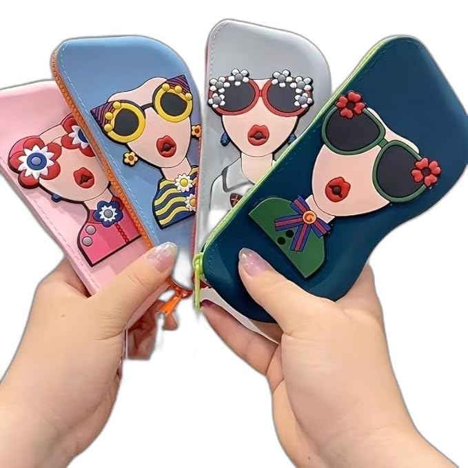 Cute Silicone Sunglass Case with Zipper & Wrist Strap, Soft Protective Glasses Holder for Women, Men & Kids | Waterproof Eyeglass Pouch with Cleaning Cloth | Travel & Everyday Use (MULTI COLOR) - 20781
