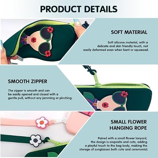 Cute Silicone Sunglass Case with Zipper & Wrist Strap, Soft Protective Glasses Holder for Women, Men & Kids | Waterproof Eyeglass Pouch with Cleaning Cloth | Travel & Everyday Use (MULTI COLOR) - 20781