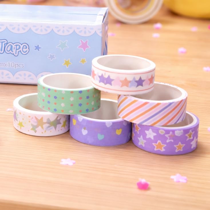 Washi Tape Combo Set (10 Rolls) | Cute Aesthetic Decorative Masking Tape for Journaling, Scrapbooking & DIY Crafts | Floral + Star Designs | 15mm x 2m Each - 20742