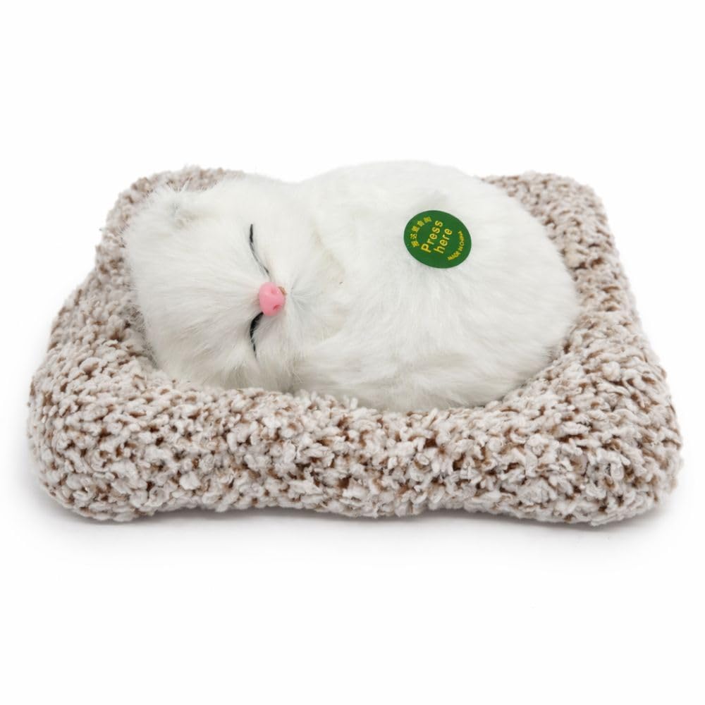 Plush Sleeping Cat Decorative Toy with Pink Nose, White Fluffy Fur, Car Dashboard Display - 1676