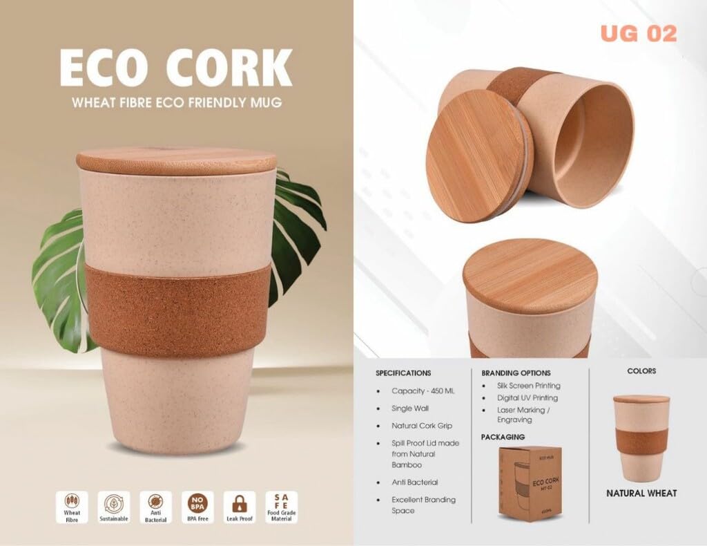 Eco-Friendly Mug, Spill-Proof, Made of Wheat Fiber with Bamboo Lid for Coffee, Tea, Shakes and Cold Drinks (450 ML) - 20868