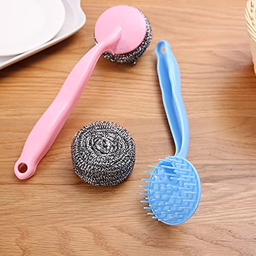Stainless Steel Scrubbers with Handle - 1 Handles + 3 Scrubber - Cleaning Ball Utensil Metal Scrubber Scouring Pads Ball for Pot, Pan, Dish Wash, Cleaning Rust, Dirty Cleaner {Muticolor} - 20973
