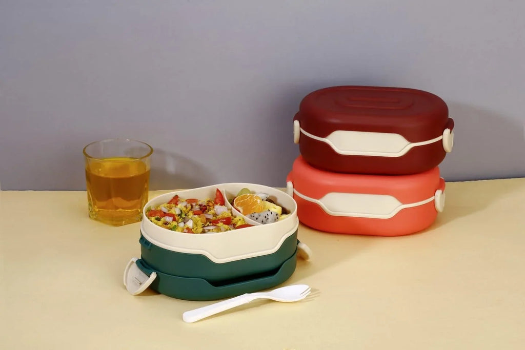 KITCHENWARE Plastic Insulation 2 Compartment Lunch Boxes Leak Proof Reusable Freezer Safe Lunch Box for Kids - 10464