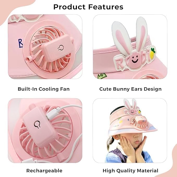 USB Rechargeable Cute Cartoon Styled Sun Visors Cap with 3 Gear Adjustable Wind Speed Fan UV Sun Protection Sunshade Hat Mini Empty Top Random Colur Multicolour - 21336