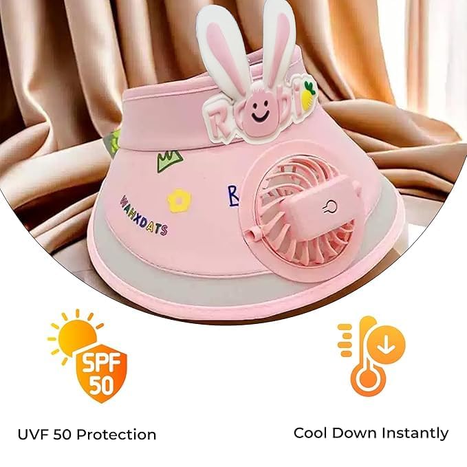 USB Rechargeable Cute Cartoon Styled Sun Visors Cap with 3 Gear Adjustable Wind Speed Fan UV Sun Protection Sunshade Hat Mini Empty Top Random Colur Multicolour - 21336