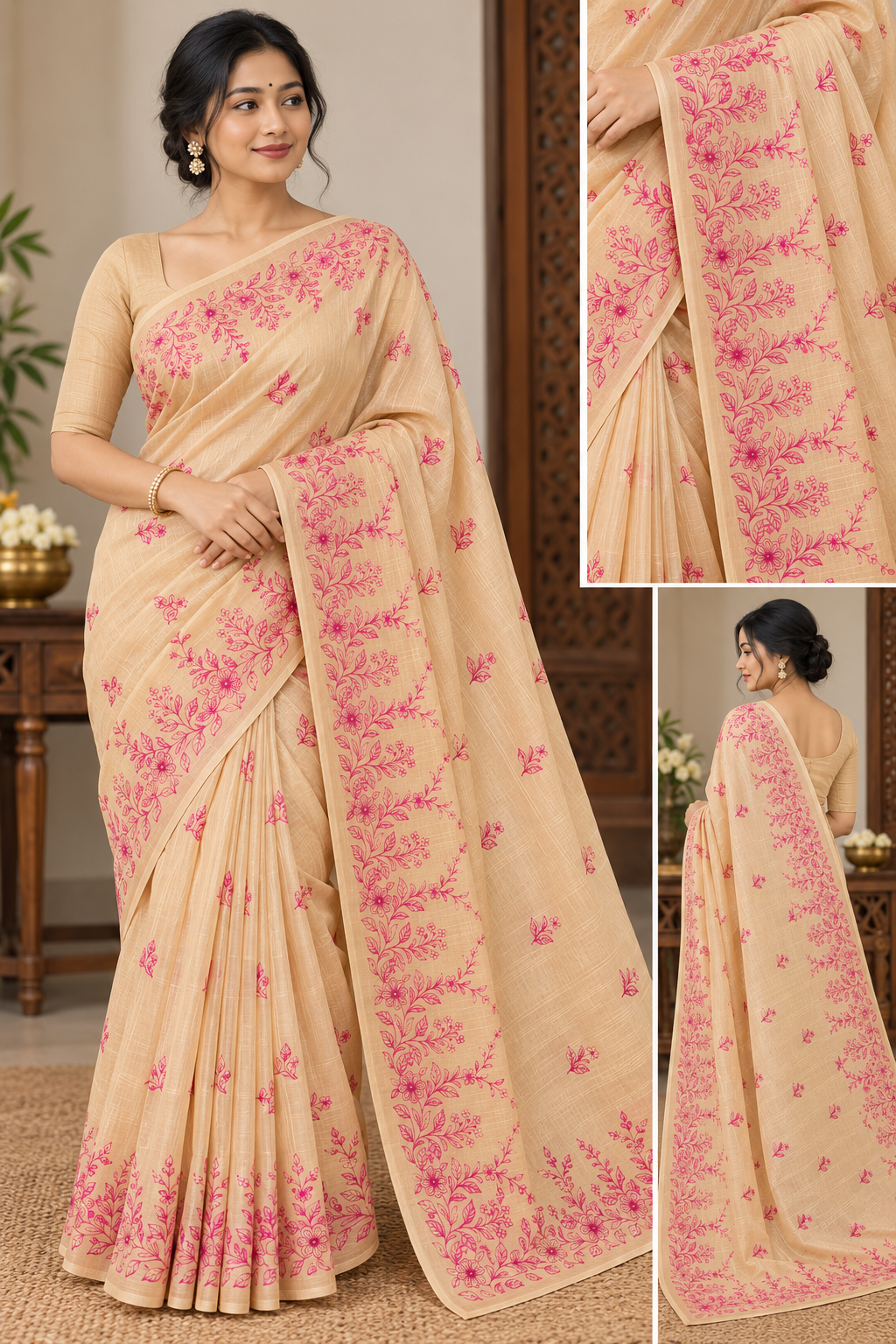 Premium Beige-Gold Matka Slub Silk Saree with Pink Floral All-Over Handwork & Designer Border