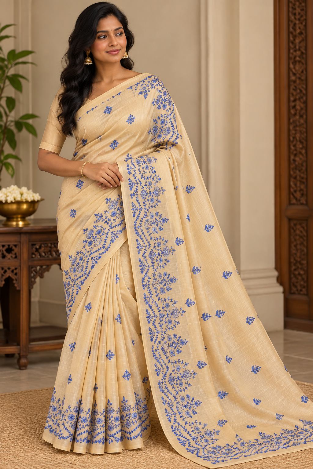 Premium Beige-Gold Matka Slub Silk Saree with Royal Blue Floral Handwork & Intricate Designer Border