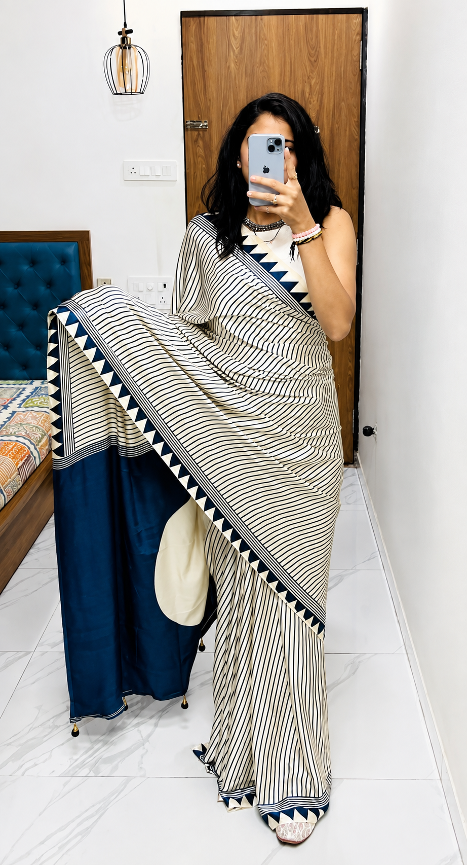 Ivory & Navy Blue 3-Ply Pure Silk Handcrafted Saree with Fine Stripes & Geometric Border | Silk Mark