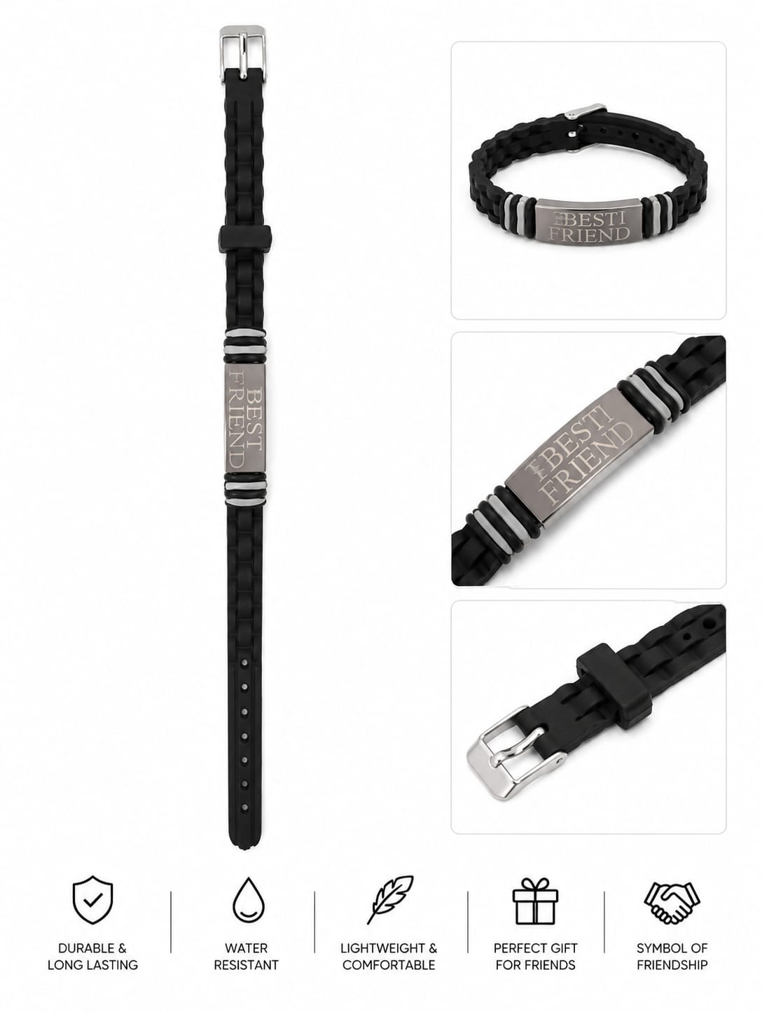 Best Friend Silicone Bracelet for Men & Women | Adjustable Friendship Band | Stylish Gift for Best Friends { Black } - 20811