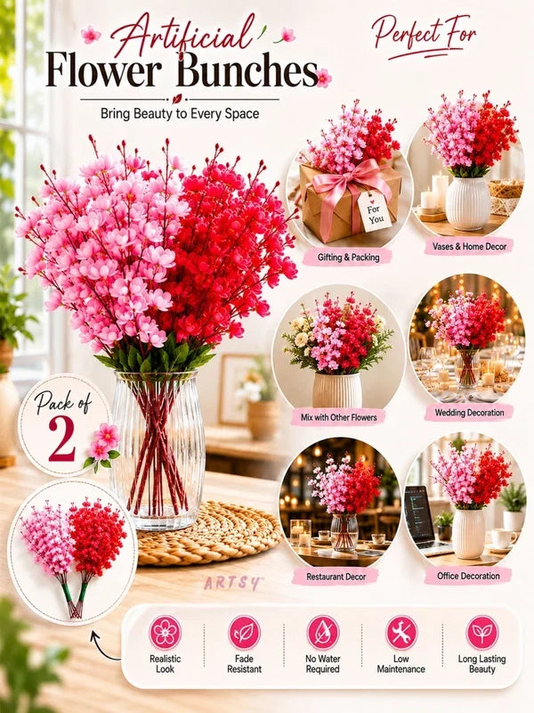 Artificial Flowers Cherry Blossom Flower Bunch (Muticolor) - 21088
