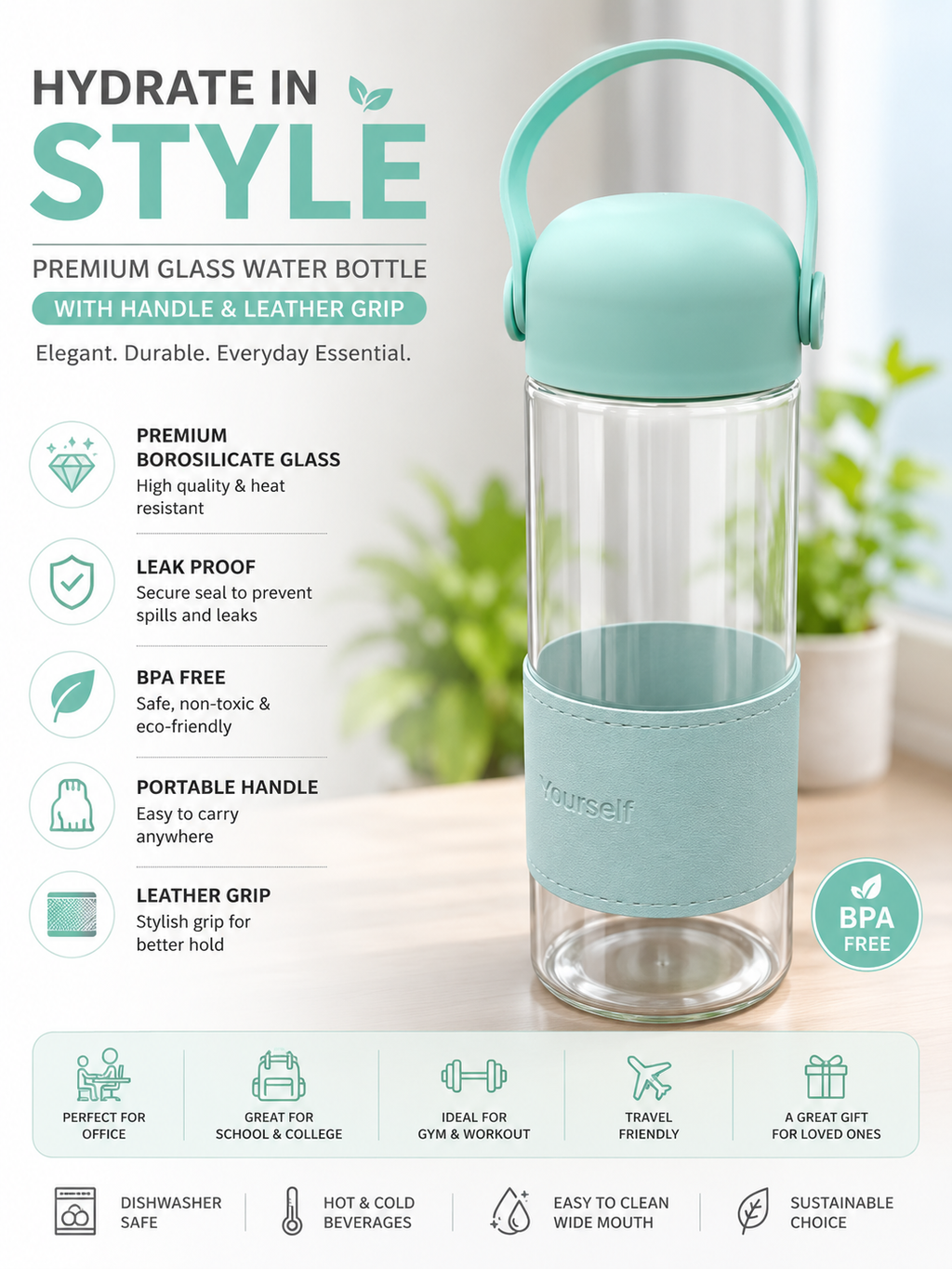 Premium Glass Water Bottle with Handle | Leakproof BPA Free Drinking Bottle | Portable Water Flask for Office, Gym & Travel {Random Color} - 20733
