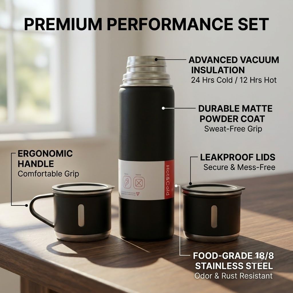 Classic Black 500ml Stainless Steel Vacuum Insulated Thermal Flask with Twin Cups, Leakproof Hot & Cold Water Bottle for Travel, Office & Daily Use - 21278