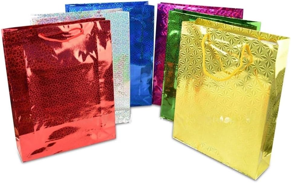 {Pack of 12} Colours Holographic Gift Bags Small Size Christmas Birthday Wedding Favour Present Bags All Occasions - 20741