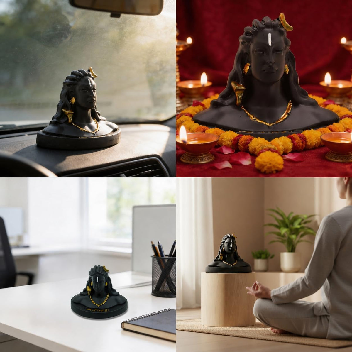 Premium Matte Black Adiyogi Lord Shiva Idol with Gold Accents | Miniature Mahadev Murti for Car Dashboard, Office Desk & Home Decor - 21131