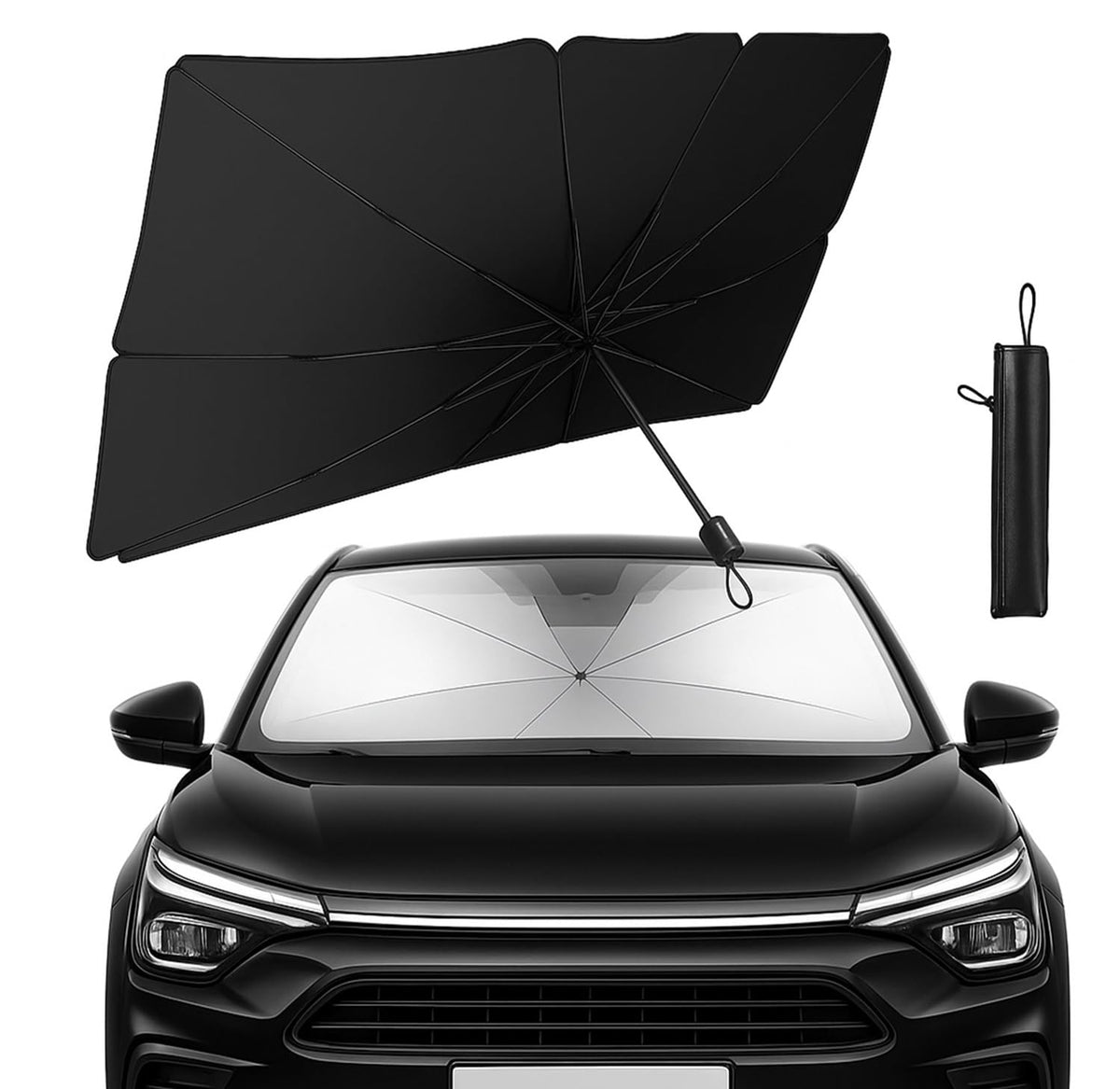 Car Sun Shade Protector Front Glass || Foldable Umbrella for Car Front Window for Protect Vehical from Sun Rays & Heat Damage Keep Cool- Black Color - 20520
