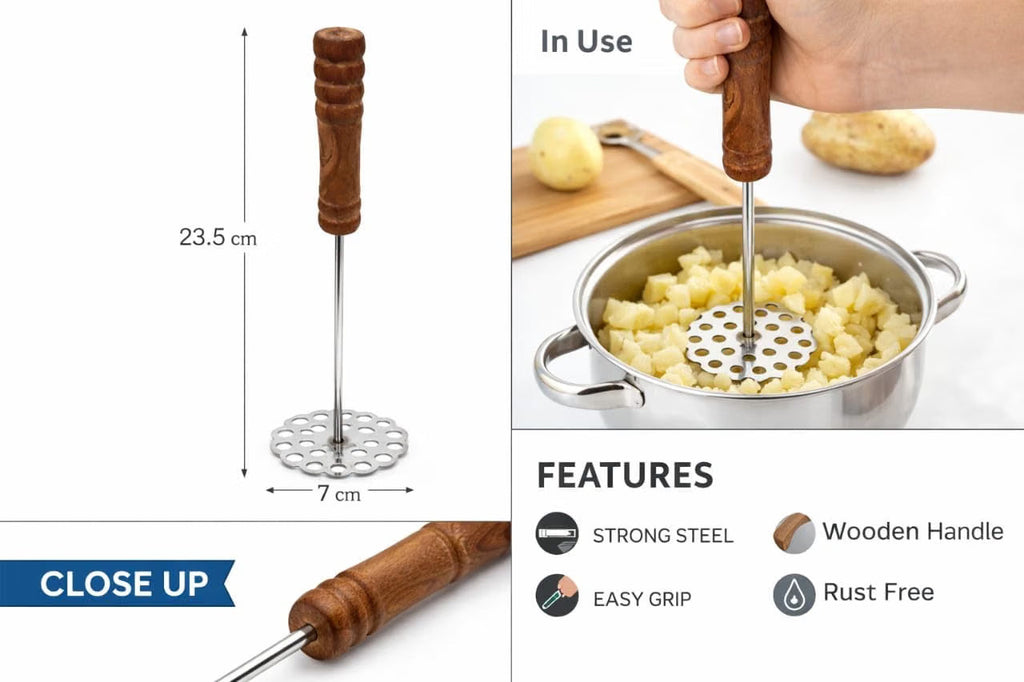 Stainless Steel Press Floral Flower Shape Potato Masher | Wooden Handle Potato Masher, Stainless Steel, Kitchen Tool, Manual Masher - 21247