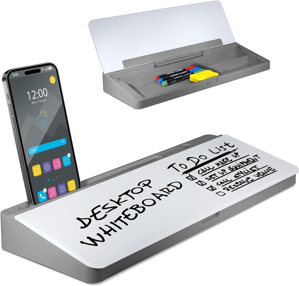 Desktop Whiteboard - Glass Dry Erase White Board - Desk Computer Buddy – Home Office & Studying Essentials - Desktop Pad with Phone & Tablet Slot, Storage Compartment - 20965