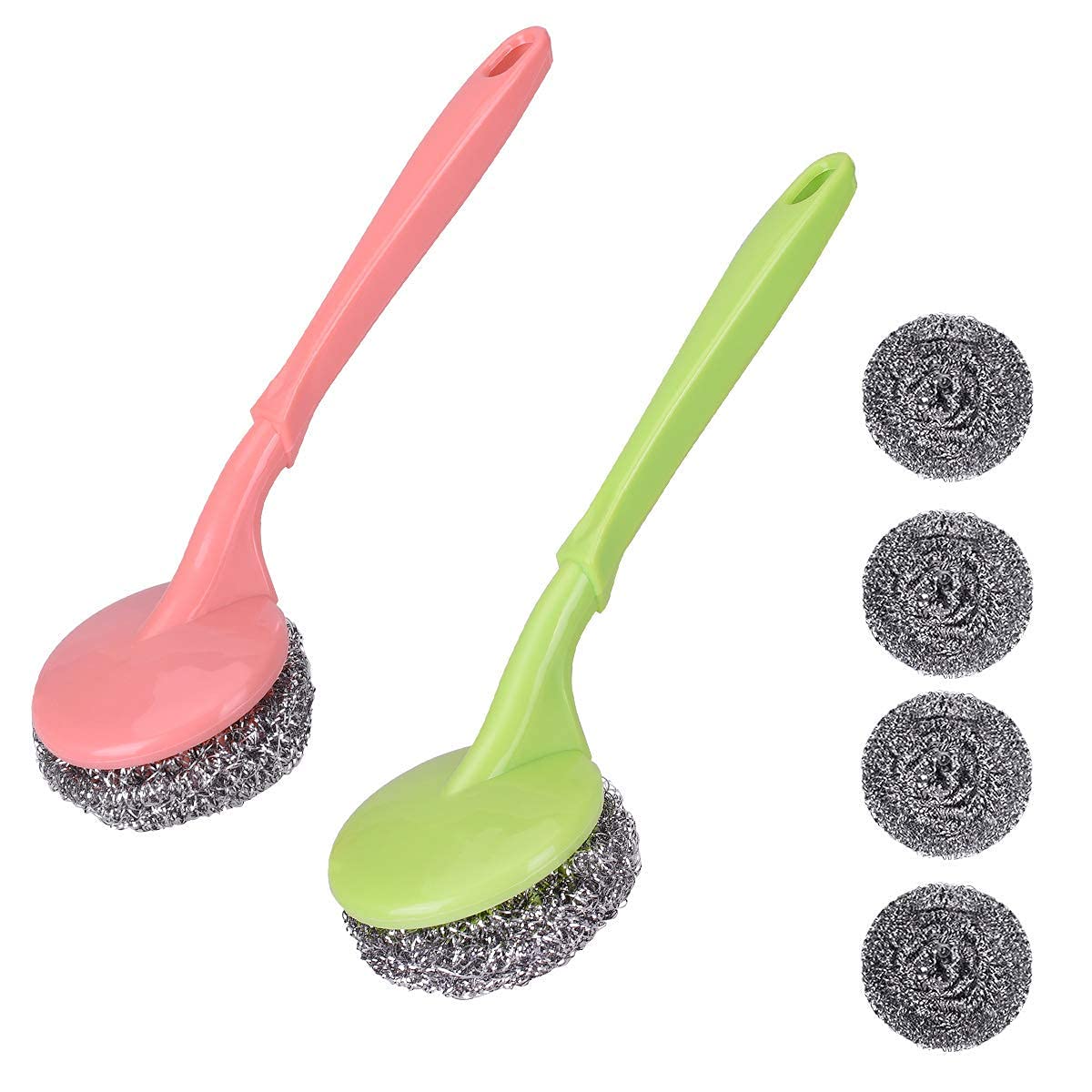Stainless Steel Scrubbers with Handle - 1 Handles + 3 Scrubber - Cleaning Ball Utensil Metal Scrubber Scouring Pads Ball for Pot, Pan, Dish Wash, Cleaning Rust, Dirty Cleaner {Muticolor} - 20973