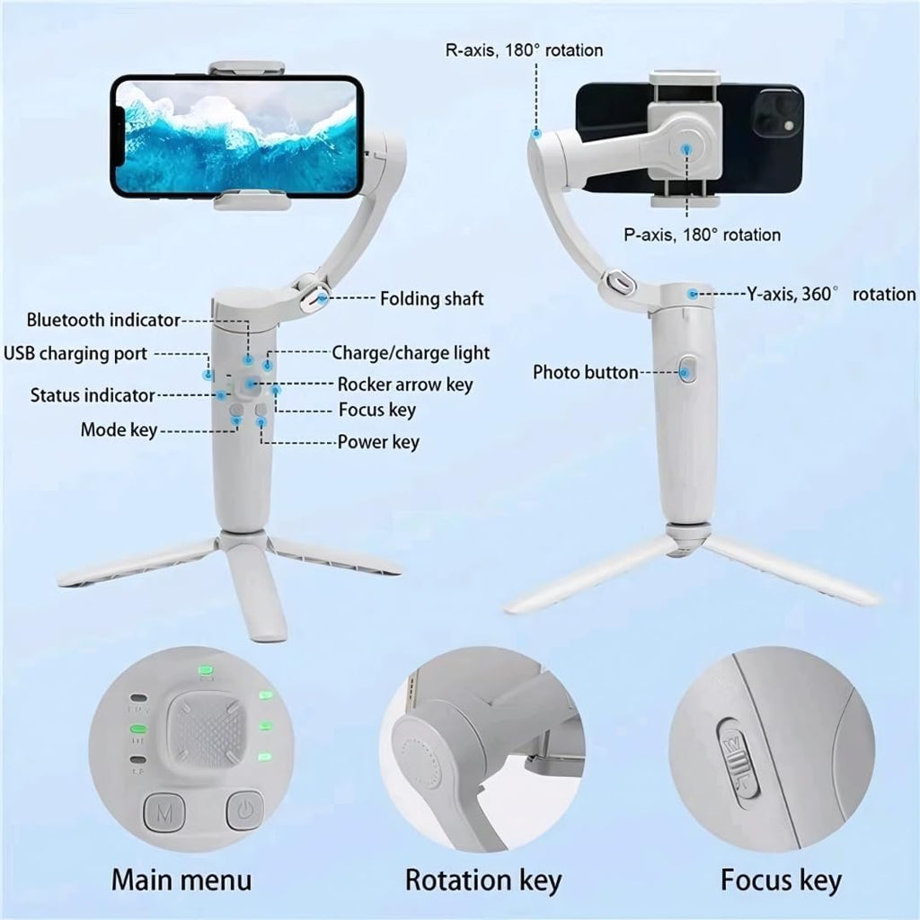 M1 3-Axis Smartphone Stabilizer Gimbal, White, Foldable Design, Portable Video Recording
